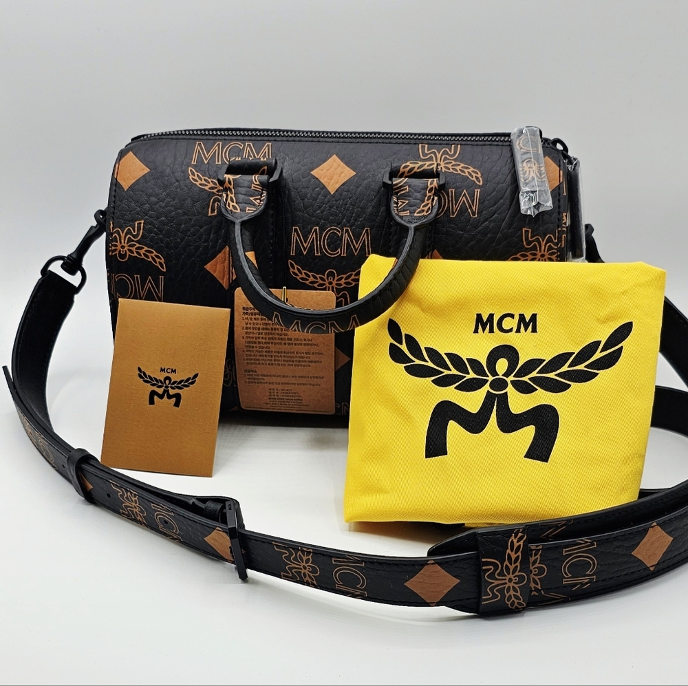 MCM Small Aren Boston Bag Black Visetos NWT Crossbody Satchel With Dust Bag